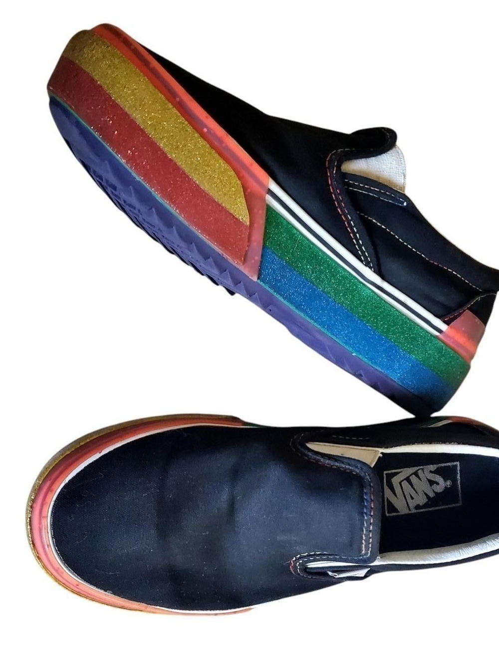 Vans Black Slip-On Sneakers with Rainbow Glitter Platform Sole